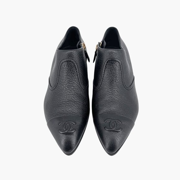 Chanel CC Black Leather Cap Toe Western Ankle Booties Oxfords Size 38.5 US 7.5-8 - Picture 2 of 14